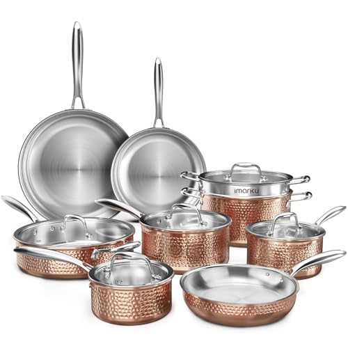 imarku Stainless Steel Pots and Pans Set, 14PCS Kitchen Cookware Sets with Lids, Non-Toxic Tri-Ply Clad Hammered Stainless Steel, Suits Ceramic and In