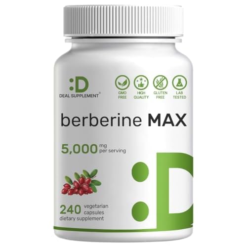 DEAL SUPPLEMENT Berberine Max Supplement with Turmeric, 5,000mg Per Serving, 240 Veggie Capsules – 97% Pure Berberine HCl – 20:1 Turmeric Root Ext