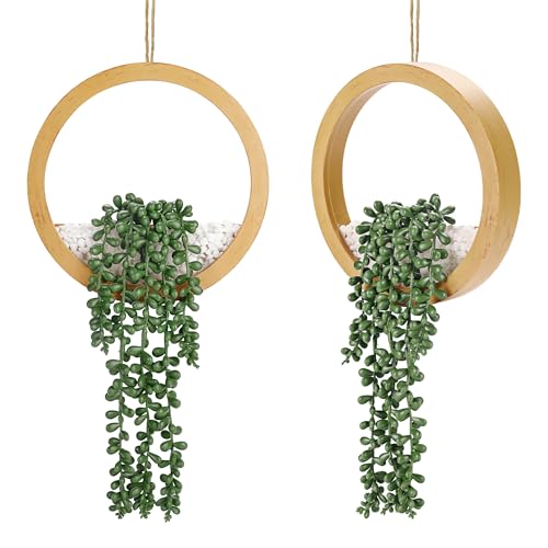 Der Rose 2 Pack Boho Wall Decor Fake Plants 15" Hanging Artificial Succulents Plants for Bohemian Living Room Bathroom Accessories Wood Color