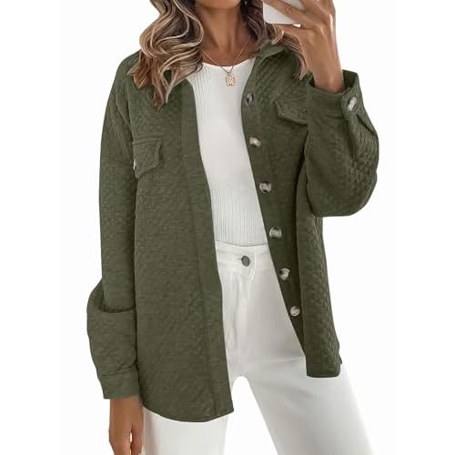 Women's Casual Shacket Jacket, Long Sleeve Loose Oversized Button Down Coat for Fall Winter Office Daily Outerwear Army Green Medium