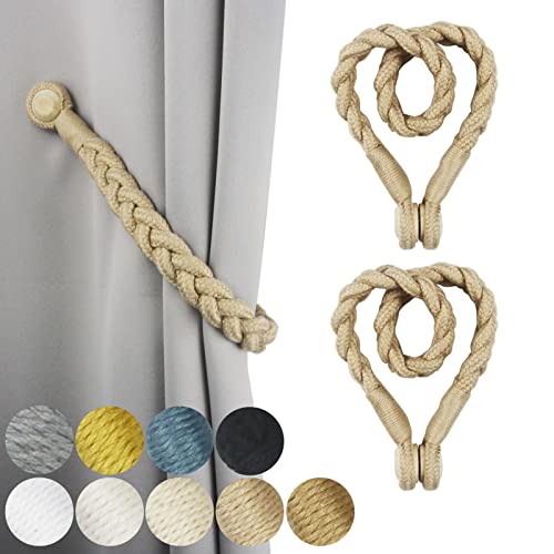 2 Pack Magnetic Soft Curtain Tiebacks Cotton Hand-Woven Tieback Holdback Home Decorative Tie Backs with Wooden Buckle for Home Office Decor (Dark Beig