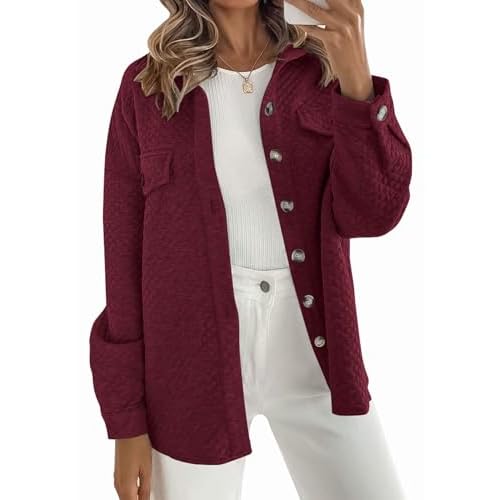 Women's Casual Shacket Jacket, Long Sleeve Loose Oversized Button Down Coat for Fall Winter Office Daily Outerwear Wine Large