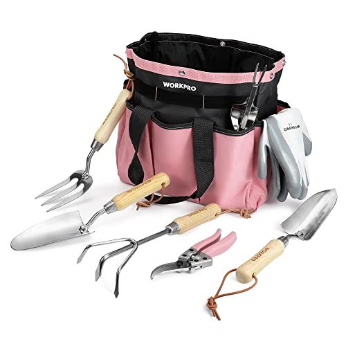 WORKPRO 8-Piece Pink Garden Tool Set, Stainless Steel Gardening Tools with Wood Handle, Including Garden Tote, Gloves, Trowel, Hand Weeder, Cultivator