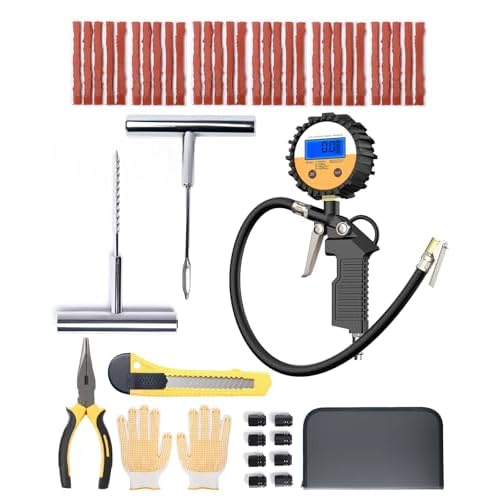 YANTU Tire Repair Kit With Plugs And Digital Tire Pressure Gauge & 30 Rubber Strips,Tire Plug Kit And Tire Patch Kit With Heavy Duty Professional Tool