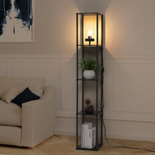 Garvee Floor Lamp with Shelves, Modern Square Standing Lamp with Warm White Bulb, Corner Display Bookshelf Lamp for Living Room and Bedroom(Black)