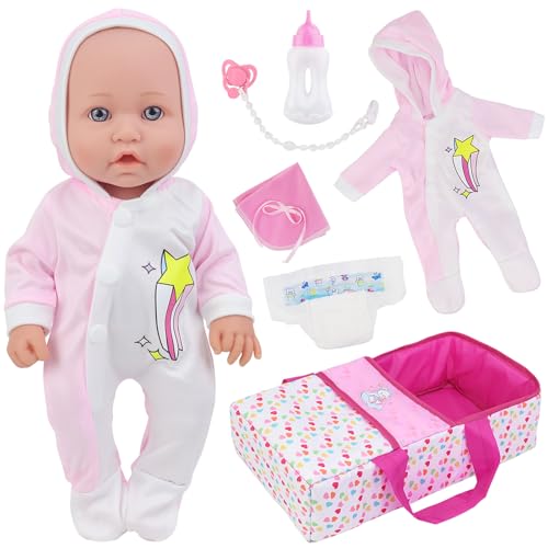 Ecore Fun 12 Inch Baby Doll with Bassinet Bed, Soft Doll and Accessories Includes 12" Doll, Jumpsuit, Bottles, Pacifier, Diaper, Burp Cloth