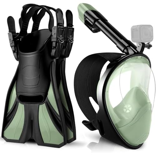 Odoland Snorkeling Packages, Full Face Snorkel Mask for Adults & Youth with Camera Mount, Adjustable Swim Fins, Anti-Fog Anti-Leak Diving Gear for Men