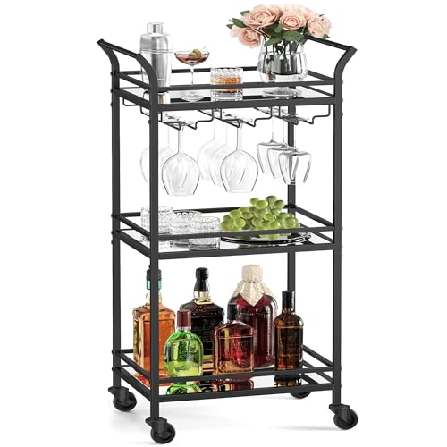 VASAGLE Bar Cart, Home Bar Serving Cart, Small Bar Serving Cart with 3-Tier Shelf, Wine Holders, Glass Holders, Mini Bar Cart for Small Spaces, Kitche
