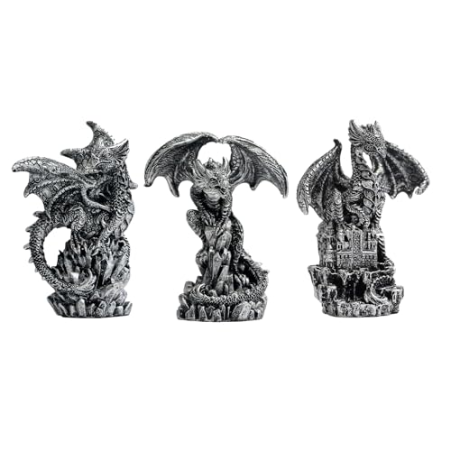 Dragon Statue Collectible Figurines Decor-Fantasy Gothic Beast - Dragons Lover,Bedroom-Bookshelf-Desk 3 Pack 3 Silver