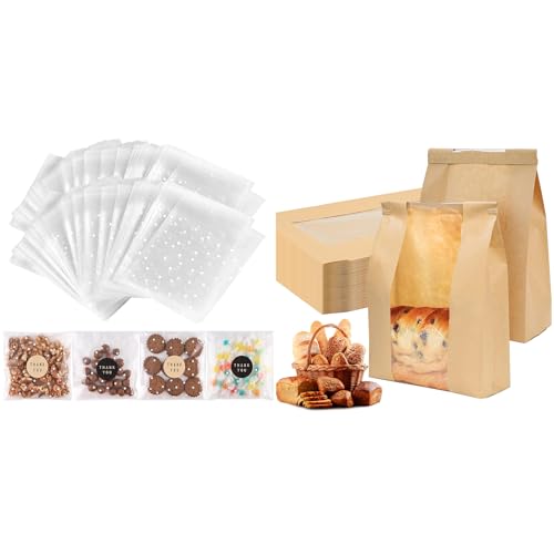 Bundle of 200PACK Self Adhesive Cookie Bags and 50 Pack Sourdough Bread Bags for Candy Popcorn Cookie