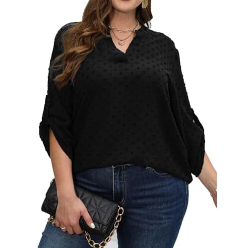 MSHING Womens Plus Size Blouses Summer Three-Quarter Sleeve V Neck Loose Casual Shirts(0X-5X) X-Large Plus Black