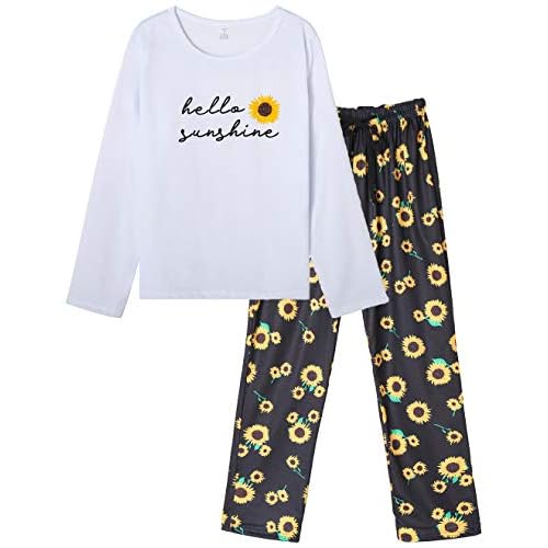 VENTELAN Women Pajamas Cute Christmas Bear Sleepwear Long Sleeve Stripes Loungewear X-Small White Sunflower