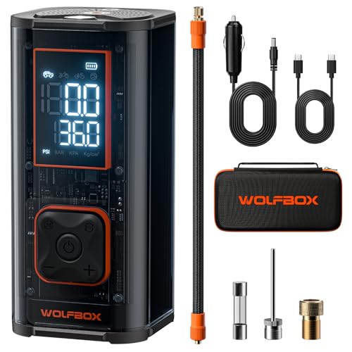 WOLFBOX 12000mAh&150PSI Heavy Duty Tire Inflator Portable Air Compressor,Double- cylinder 58LPM Fast Air Pump for Car Tires,3.5'' LED Display,20'' Hos