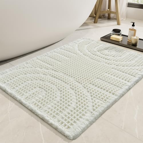 AMOAMI Waffle Bath Mat,Super Absorbent Bath Mats for Bathroom,Non Silp Machine Washable Bathroom Mat,Soft Bathroom Rugs with Tassels Front of Bathtub,