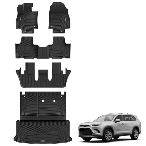 3W Floor Mats for 2024 2025 2026 Toyota Grand Highlander 7 Seat (Include Hybrid), with Subwoofer, Trunk Mat Cargo Liner, and Seat Back Covers TPE All