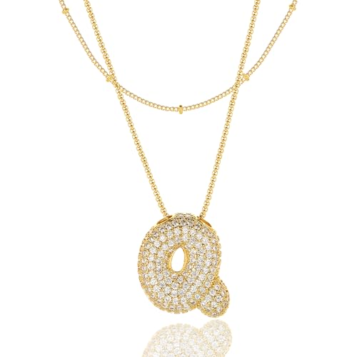 Bubble Letter Necklace Gold for Women，Layered Plated Initial Pendant Puffy Zircon Name Personalized Necklaces Fashion Jewelry for Gifts Letter Q