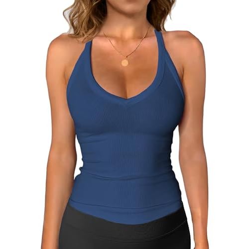 iGENJUN Womens Spaghetti Strap V-Neck Ribbed Tank Tops for Women 2025 Slim Fitted Soft Camisole Basic Layering Shirts Small Navy Blue