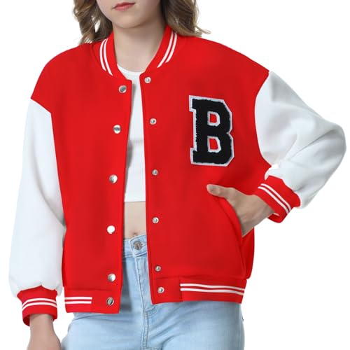 EXARUS Girls Varsity Jacket Kids Tweed Letterman Jackets Baseball Outerwear Stripe Trim Contrast Sleeve School Coats 12 Years A-red