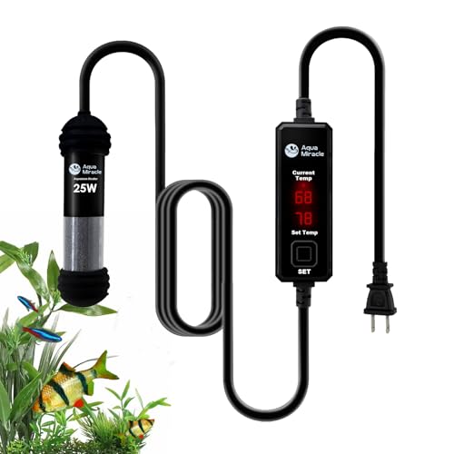 AquaMiracle 25W Small Aquarium Heater Fish Heater, Super Mini Fish Tank Heater Turtle Tank Heater for 3-5 Gal Tanks, with Dual LED Display, Dry-Run-Ov