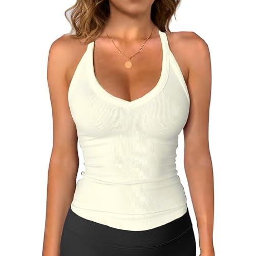 iGENJUN Womens Spaghetti Strap V-Neck Ribbed Tank Tops for Women 2025 Slim Fitted Soft Camisole Basic Layering Shirts Small Cream