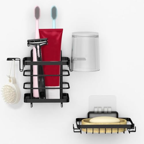 TONLEA Soap Holder, Wall Mount Soap Dish Toothbrush Holder for Bathroom, Stainless Steel Toothbrush Organizer for Toothpaste, Shaver, Comb （Black）