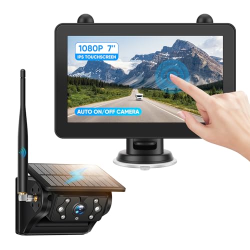Magnetic Solar Wireless Backup Camera System with 7" IPS Touchscreen Monitor, 2K Rechargeable Auto On Off Rear View Camera with DVR Loop Recording for