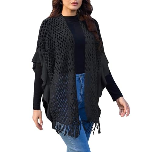 Ferand Women's Lightweight Ruffle Shawl Wraps Open Front Crochet Fringe Poncho Cardigan for Spring and Summer Black