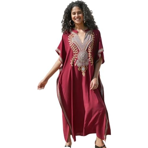 Women's Embroidery Swimsuit Cover Ups Beach Cover Up Caftan Plus Size Vneck Rainbow Ethnic Print Kaftan Batwing One Size 23154 Jujube Red