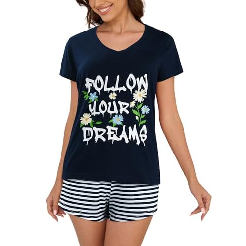 VENTELAN Pajama Set For Women Cute PJS Summer Short Sleeve Shorts Sleepwear X-Small Navy Blue Color