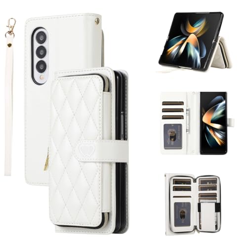 for Samsung Galaxy Z Fold 3 Zipper Wallet Case with Card Holder, 9 Card Slots Large Capacity and Multiple Style Lanyards.(White) White Samsung Galaxy