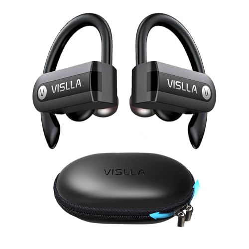 Vislla Wireless Earbuds, Bluetooth Earbuds with Earhooks, 82H Long Battery Life,HiFi Running Headphones with Mic,PU Leather Charging Case,Waterproof S