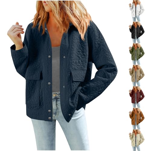 PBNBP Womens Trendy Fall Shacket, Classic Collared Jacquard Trucker Jacket with Pockets, Casual Button Down Outerwear A02 Navy Large