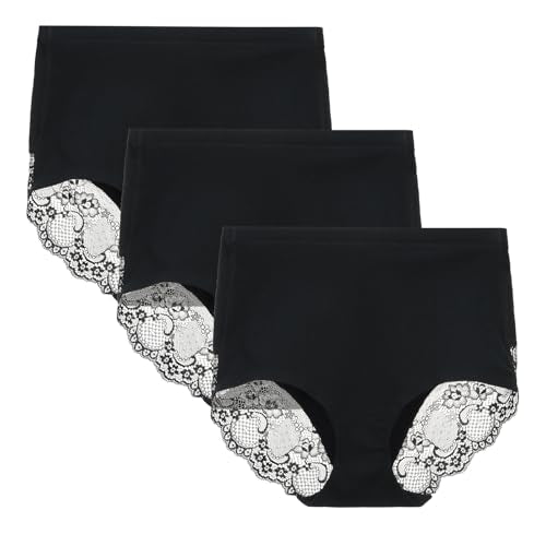 Women's Combed Cotton Lace Full Coverage High Rise Seamless Brief Panty Underwear 4 Pack Small Black-3pk