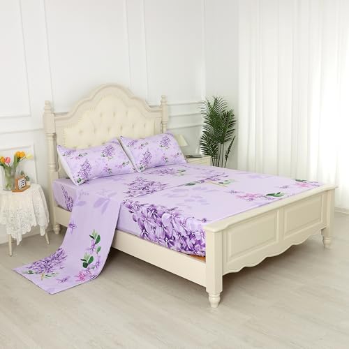 Floral Sheets Sets Queen Size 4 Pcs Flower Fitted Sheets Bedding for Women Girls Purple Lilac Modern Bed Sheets with 1 Flat & 2 Pillowcases Lcl01-06 Q