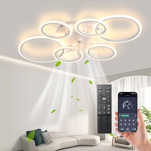 LED Deckenventilator mit Beleuchtung, 110CM Lampe mit Ventilator Und Fernbedienung APP, 105W Deckenlampe Mit Ventilator Deckenventilator mit Licht, Ce