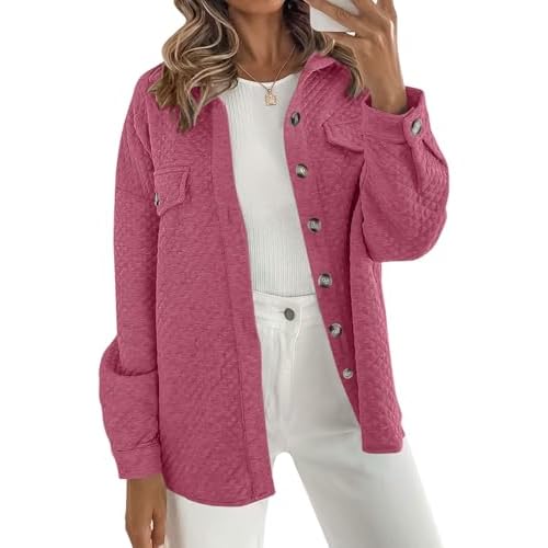 Women's Casual Shacket Jacket, Long Sleeve Loose Oversized Button Down Coat for Fall Winter Office Daily Outerwear Pink Large