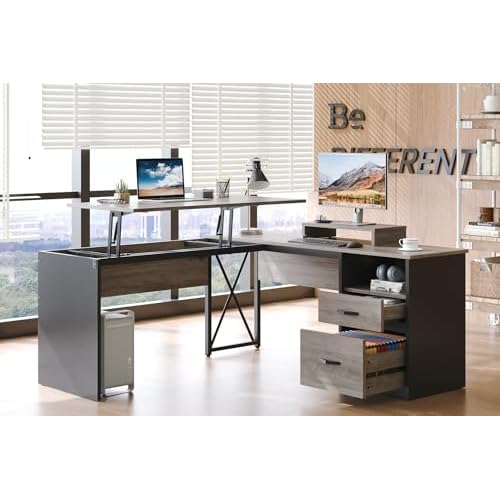 Bestier Lift Top L Shaped Desk with File Drawer, 55'' x 55'' Office Desk with Reversible Storage Drawer and Computer Monitor Stand (Grey Wash) 55'' x