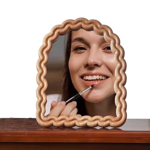 Vanity Table Mirror, Mirror for Desk with Stand Decorative, Wood Dressing Makeup Mirror for Countertop, Bedroom, Bathroom, Living Room