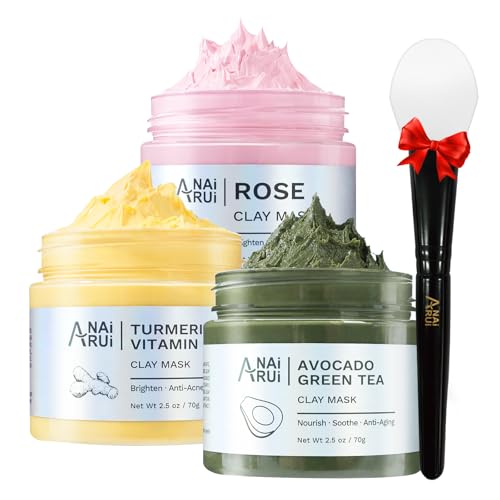 ANAI RUI 3 Pack Pore Purity Cleansing Clay Mask Set Absorbs Excess Oil,Turmeric Vitamin C Clay Mask -Rose Facial Mask -Avocado Green Tea Mud Mask,Faci