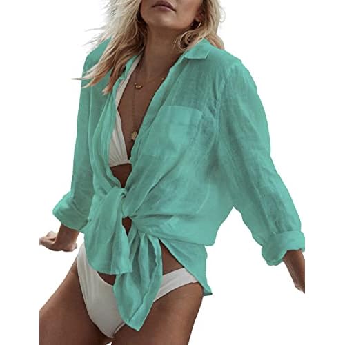Bsubseach Women Long Sleeve Beach Shirt Blouses Bathing Suit Cover Up Button Down Collar G-mint Green