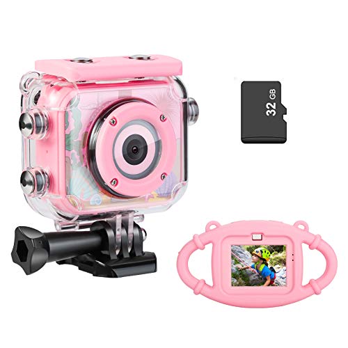 MYPIN Kids Camera, Underwater Waterproof Digital Camera Kids Gifts for Boys Girls Age 3-13 HD Mini Children Camcorder 2 Inch IPS Screen with 32GB Card