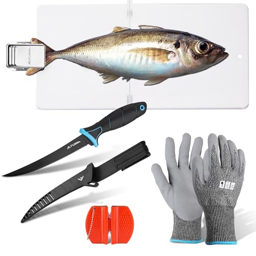FLISSA 4-Piece Fish Fillet Set, Cleaning Kit - 7" Fillet Knife, Foldable Fish Board with Clamp, Knife Sharpener and Cut Resistant Gloves, Suitable for