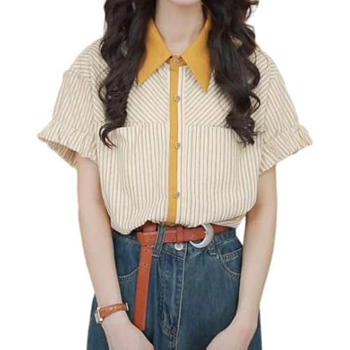Women Puff Short Sleeve Blouse Trendy Striped V Neck Shirt Summer Business Casual Outfit Cute Babydoll Boho Loose Tops 04yellow Large