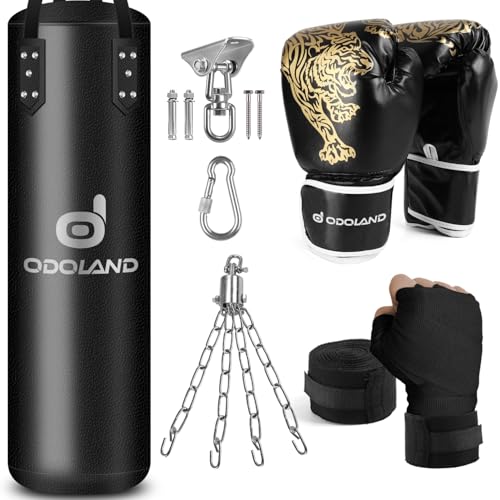Odoland Set de Boxe avec 120cm Sac de Frappe Non REMPLIR Professionnel et Gants de Boxe pour Adulte et Enfant, Formation de MMA Muay Thai Kickboxing,