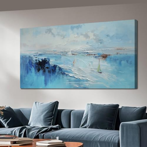 Ardemy Abstract Wall Art for Living Room Blue Coastal Sailboat Textured Bedroom Wall Decor, Teal Pictures Wall Decor Artwork Home Office Kitchen Dinin