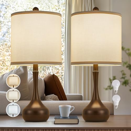 23" Brown Metal Modern Table Lamp Set of 2,Farmhouse Bedside Lamps for Living Room, 3 Color Temperature Rustic Table Lamps for Bedroom, Night Stands,