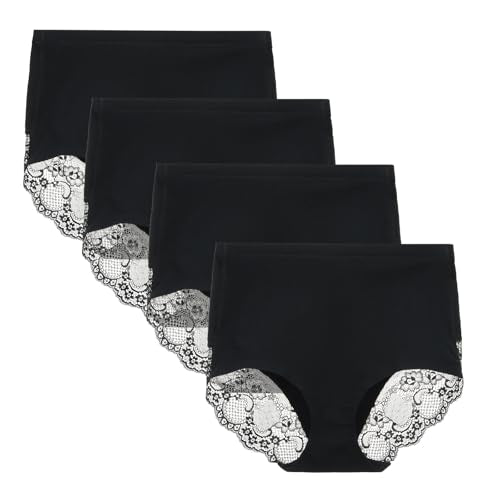 Women's Combed Cotton Lace Full Coverage High Rise Seamless Brief Panty Underwear 4 Pack Medium Black