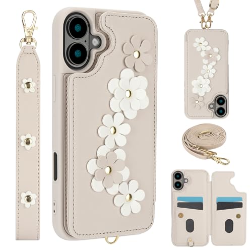 for iPhone 16 Wallet Case with 4 Credit Card Holder Slots, Flower Pattern PU Leather Magnetic Clasp Kickstand with Long and Short Strap.-White White i