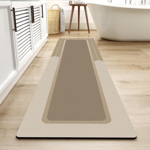 MontVoo-Bath Mat Rug Long Non Slip Super Absorbent Bathroom Runner Stain Resistant Quick Dry Thin Bathroom Mat Fit Under Door-17"x70",Beige Beige 17"x