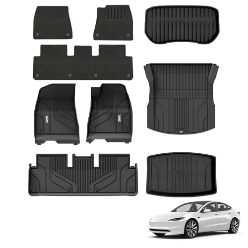 3W Floor Mats & Boot Liner For Tesla Model 3 2024 2025 Highland with Carpets on TOP, TPE All Weather Dog Friendly Mats, Waterproof Non Slip Cargo Line
